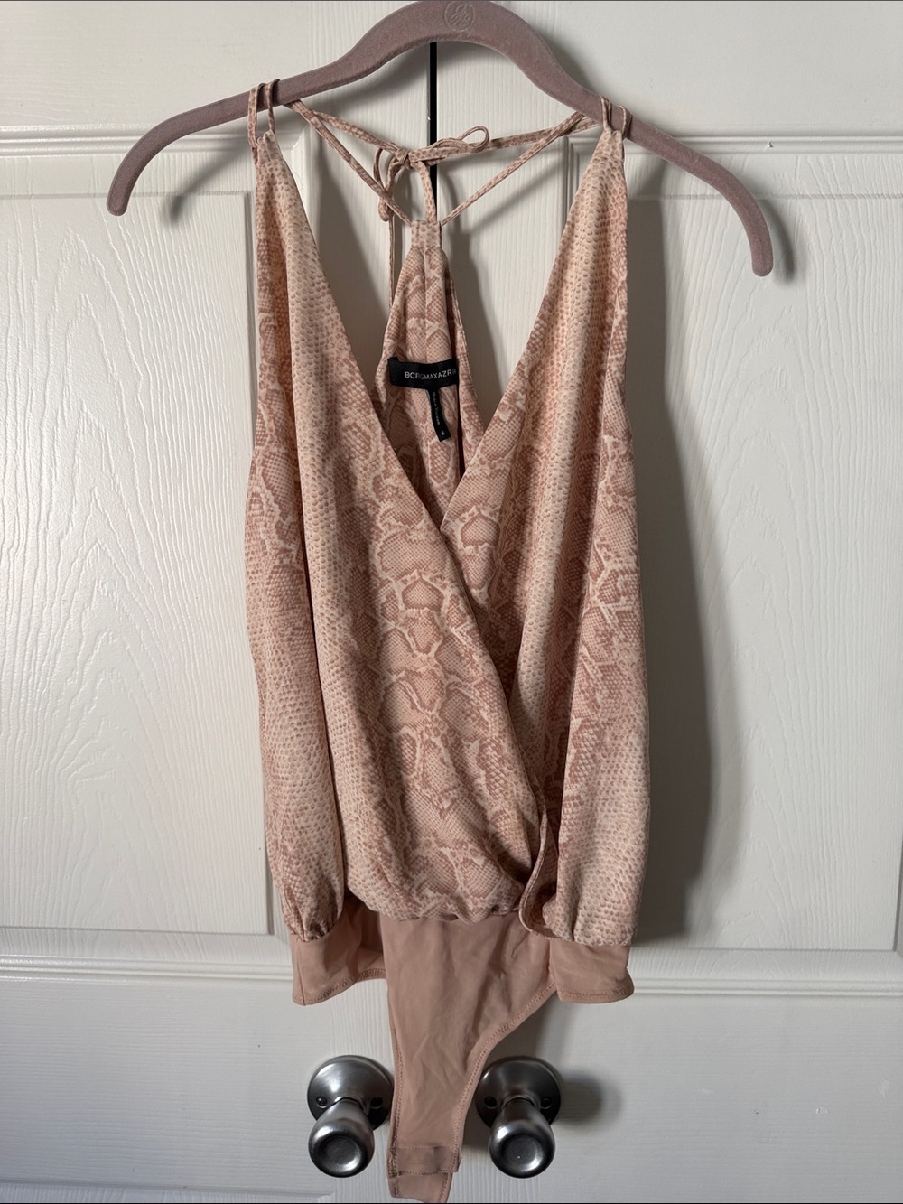 BCBGMaxAzria Blush Snakeskin Halter Bodysuit - Picture 3 of 7